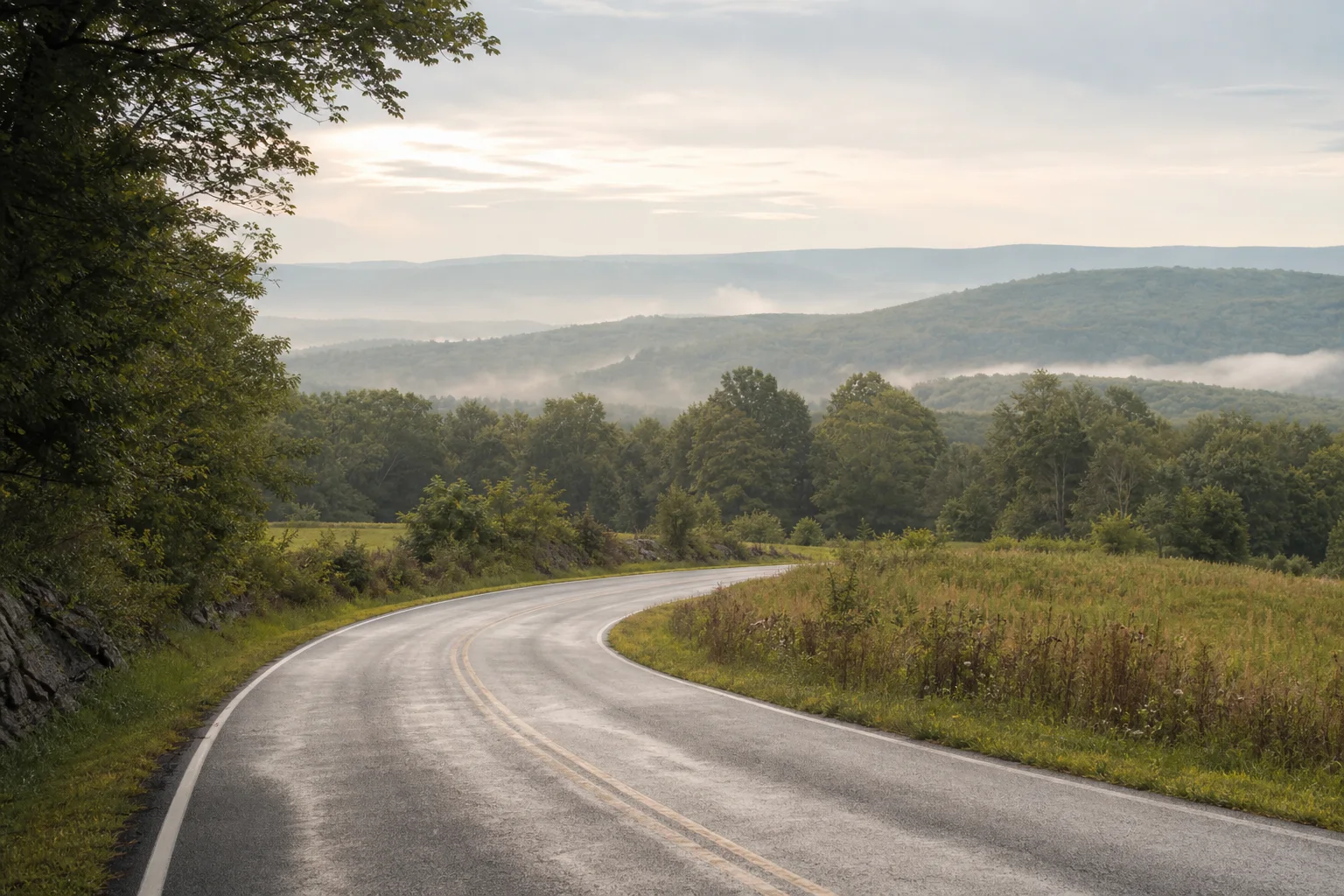 A gently curving road through the foothills of northeastern Pennsylvania