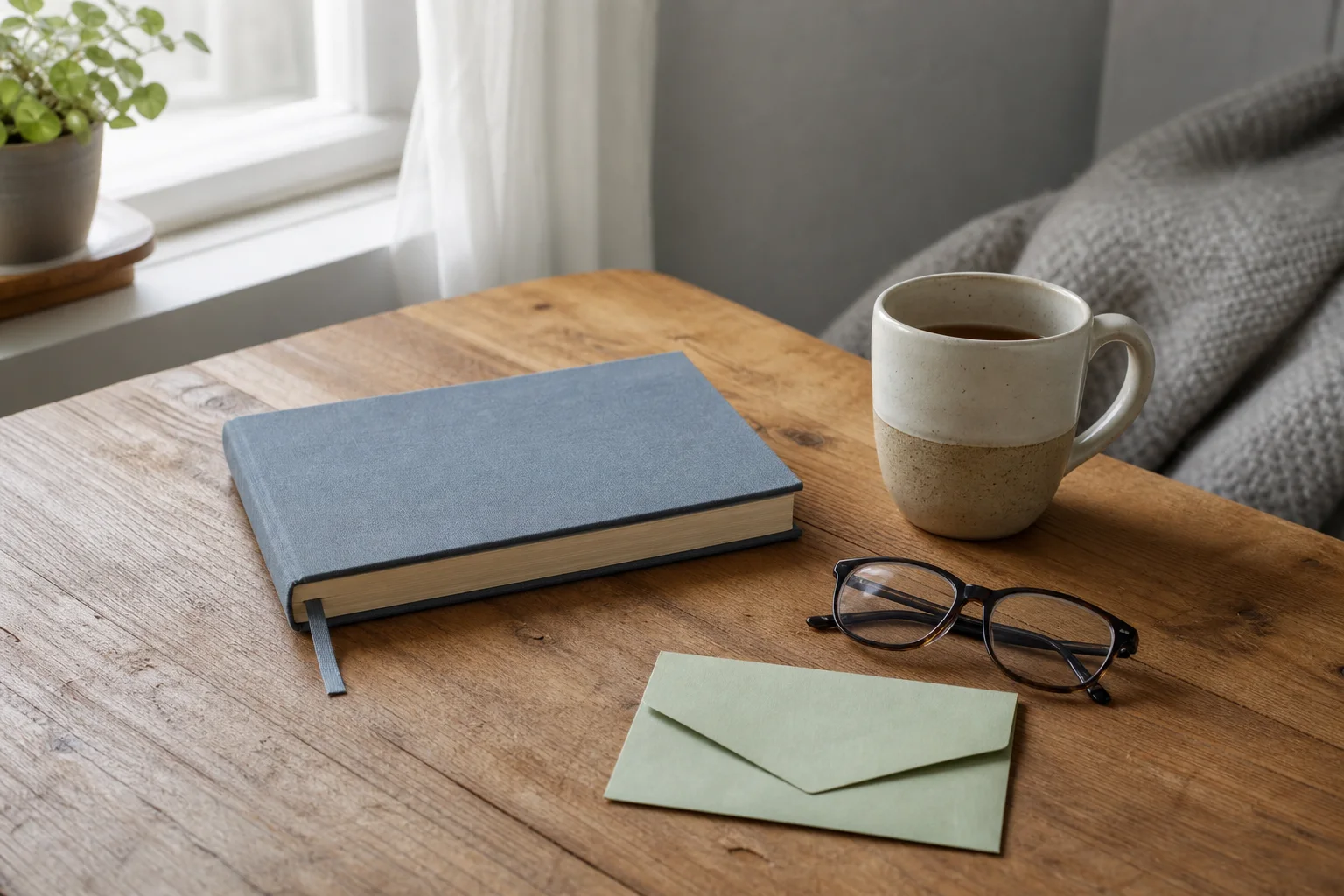 A notebook, ceramic mug, glasses, and envelope arranged on a natural wood table