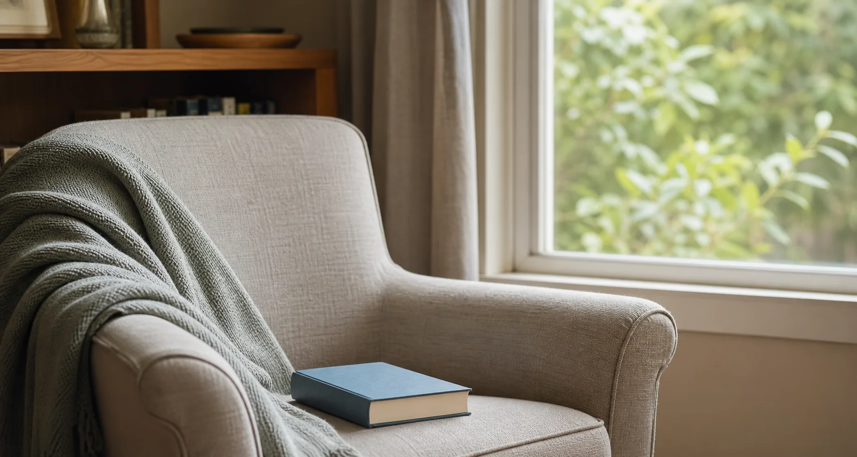 A comfortable reading chair beside a sunlit window with a folded blanket and closed book