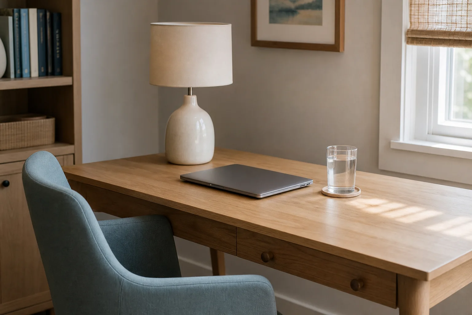 A private home workspace prepared for a telehealth appointment with a closed laptop and glass of water