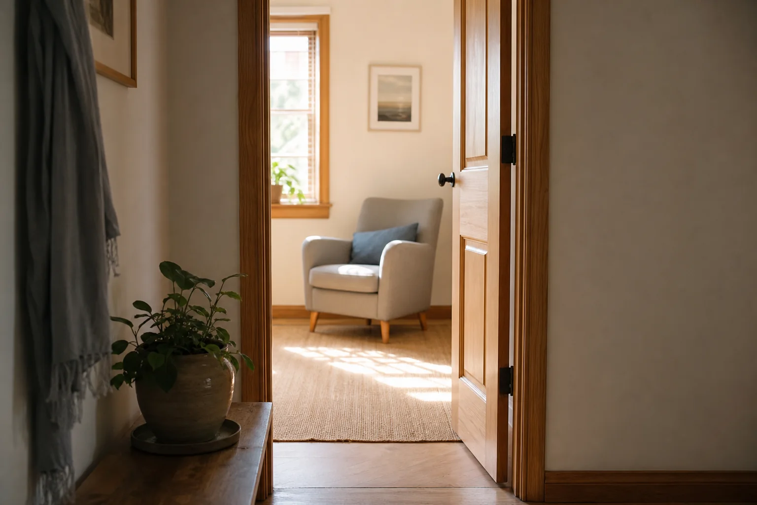 An open doorway leading into a quiet, warmly lit room with a comfortable chair